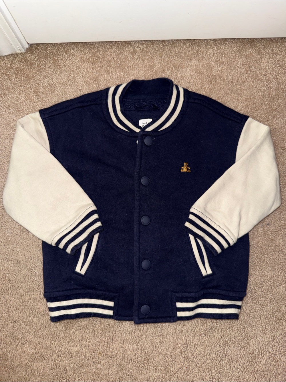 GAP Navy and Cream Kids Teddy Varsity Jacket